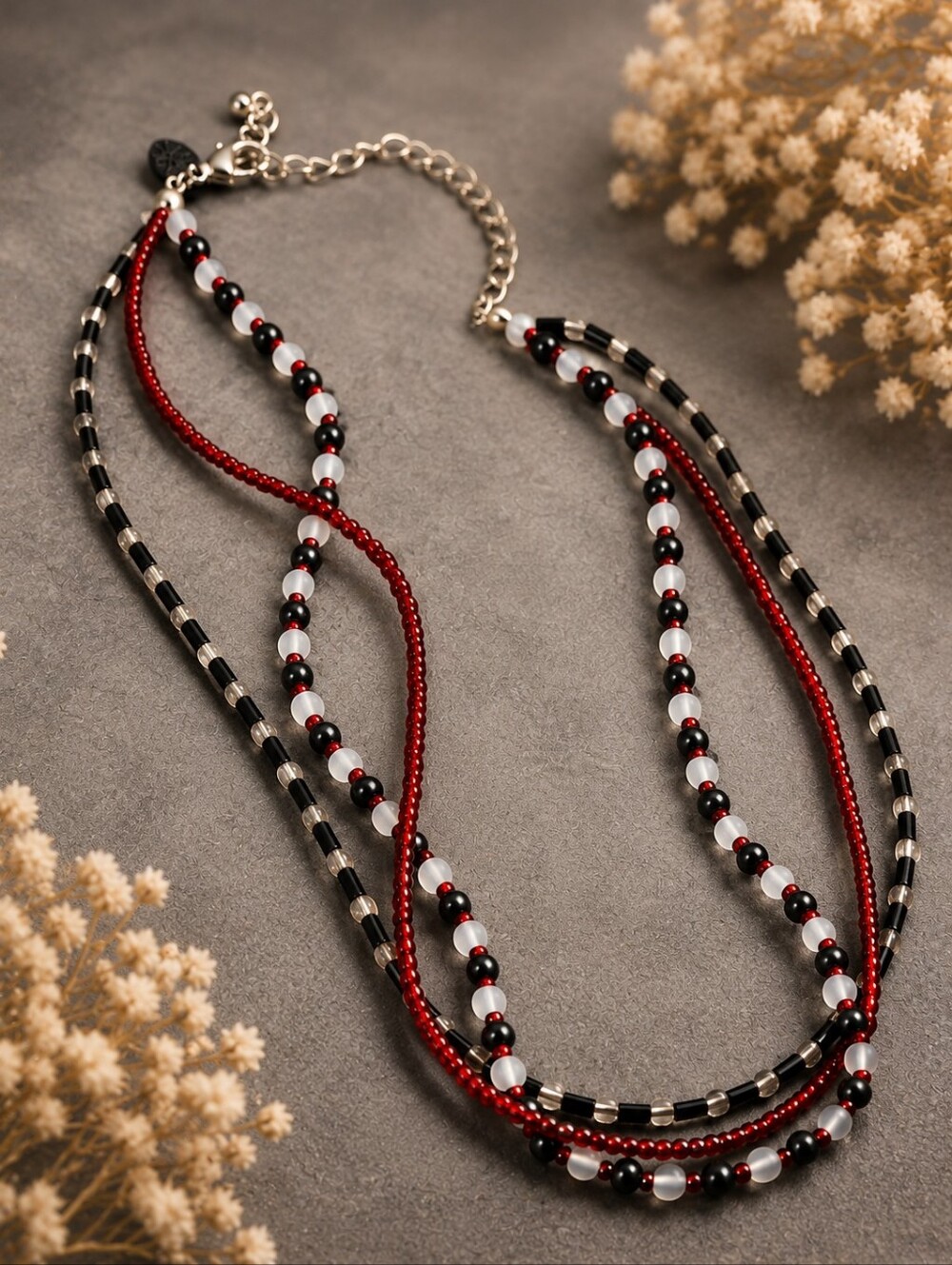 Vintage Laura Ashley 3-Strand Beaded Necklace Red Black Y2K Boho Layered CC